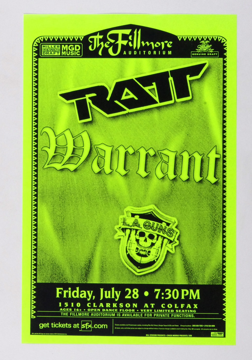 RATT Poster w/ Warrant LA Guns 2000 Jul 28 The Fillmore Denver