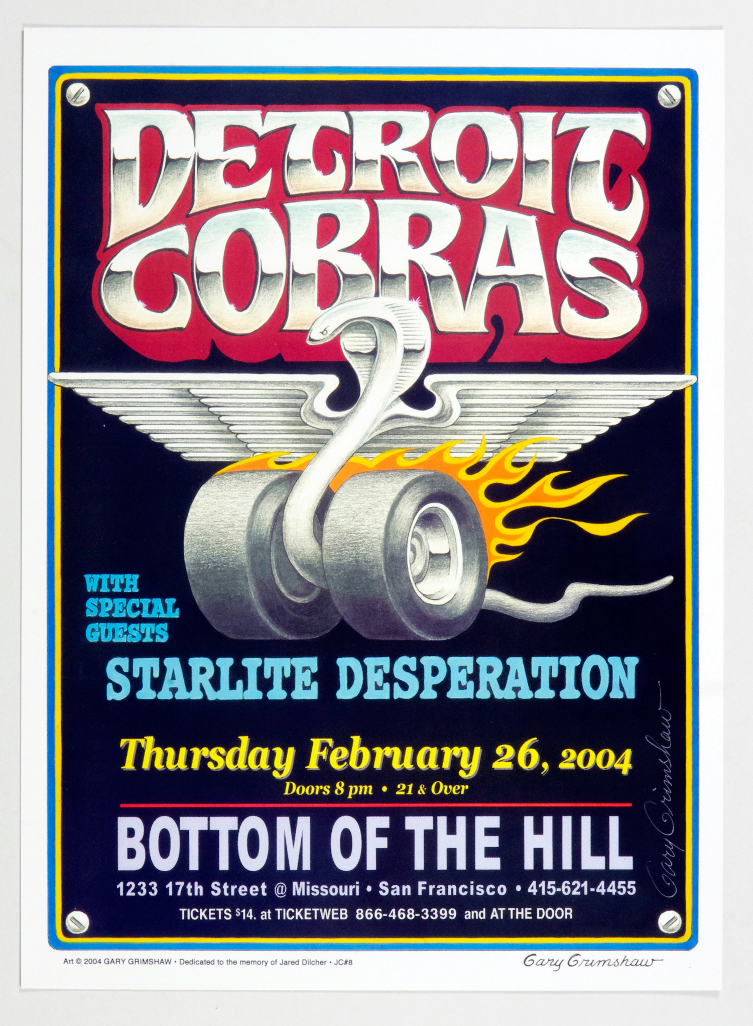 Detroit Cobras Poster 2004 Feb 26 Bottom of the Hill San Francisco Gary Grimshaw signed