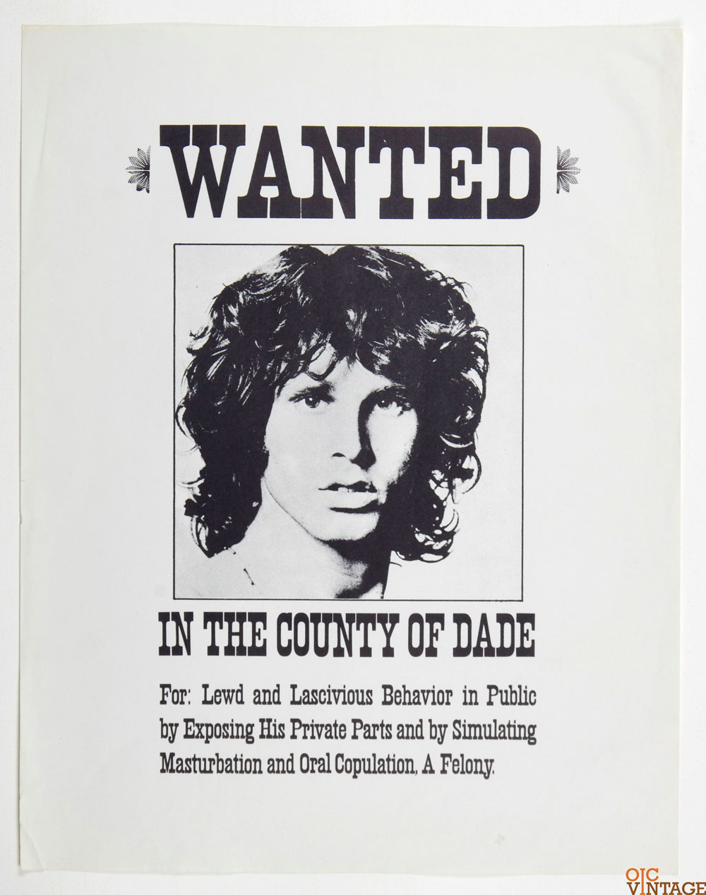 Jim Morrison Poster Wanted In The County of Dade 1974 17.5 x 22.5