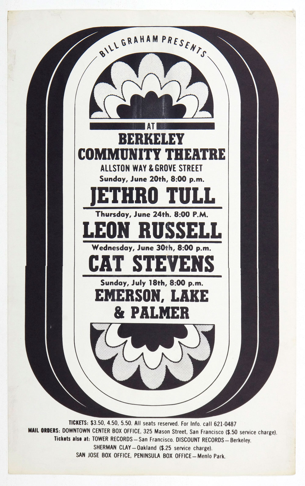 BIll Graham Presents Poster 1971 Jethro Tull Cat Stevense Berkeley Community Theatre