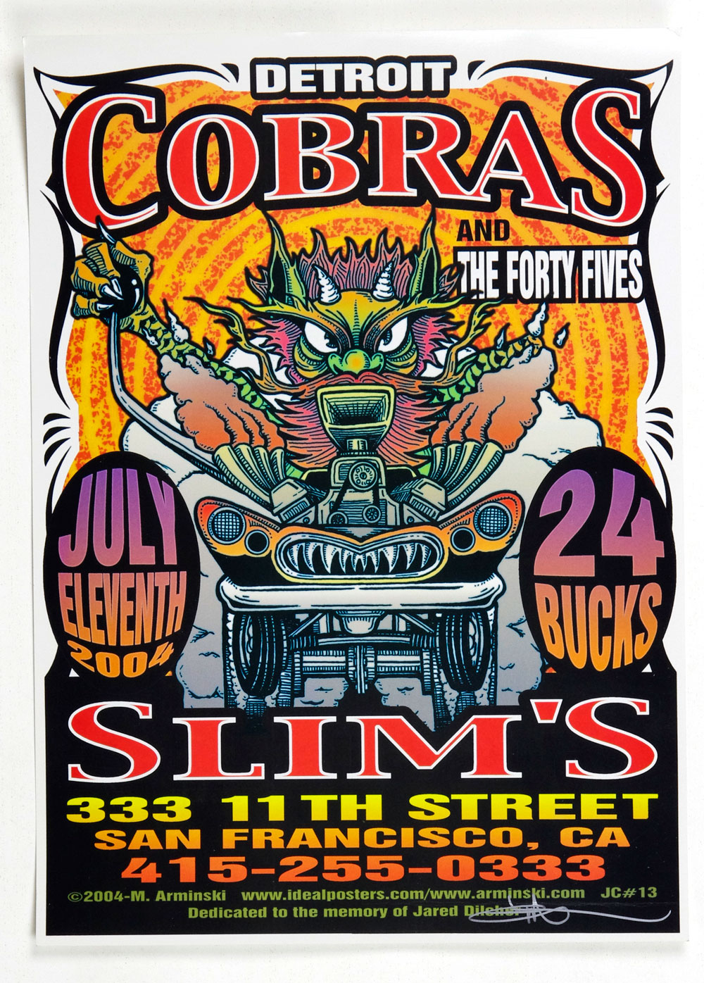 Detroit Cobras Poster 2004 Jul 11 Slim's San Francisco Mark Arminski Signed