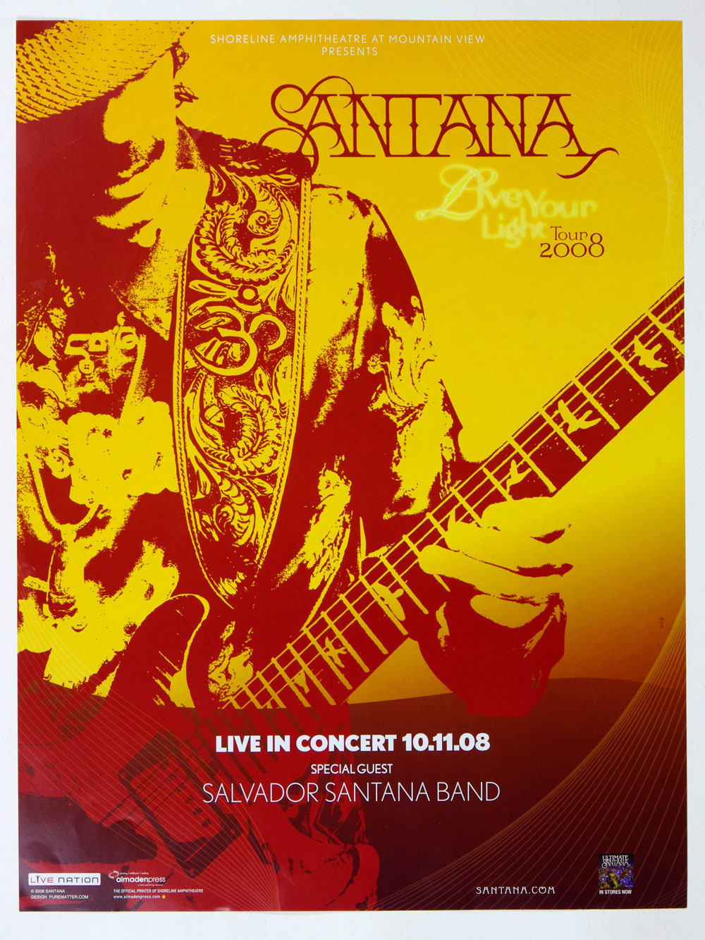 Santana Poster Live Your Light Tour 2008 Oct 11 Shoreline Amphitheatre 18 x 24