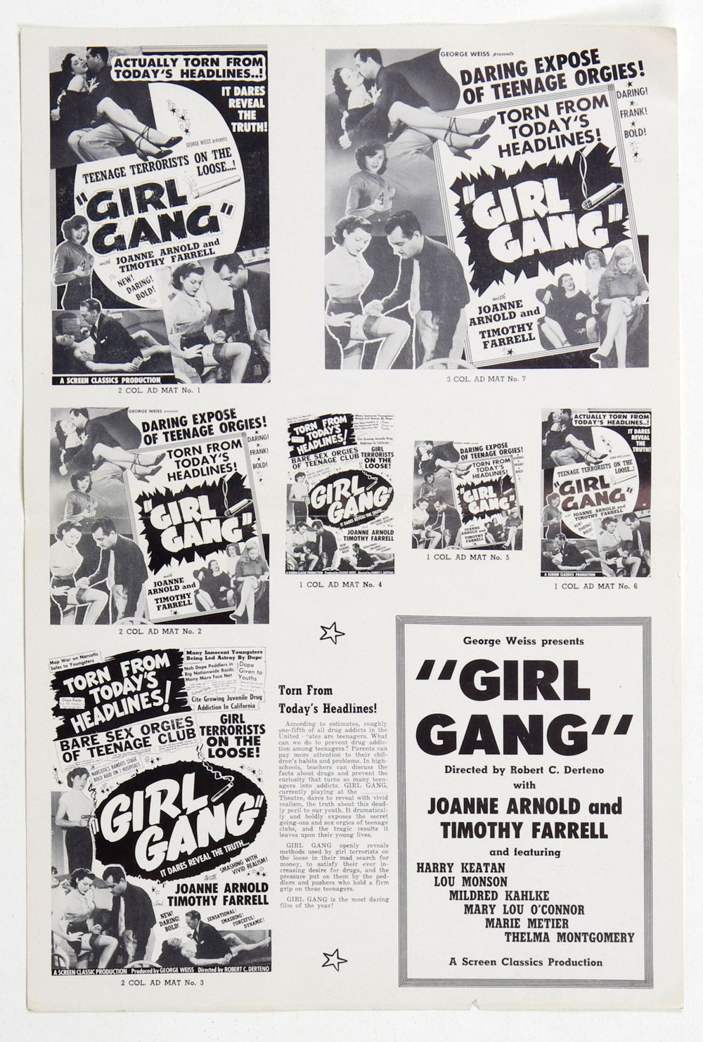 Girl Gang Movie Ad Mat Sheet 1954