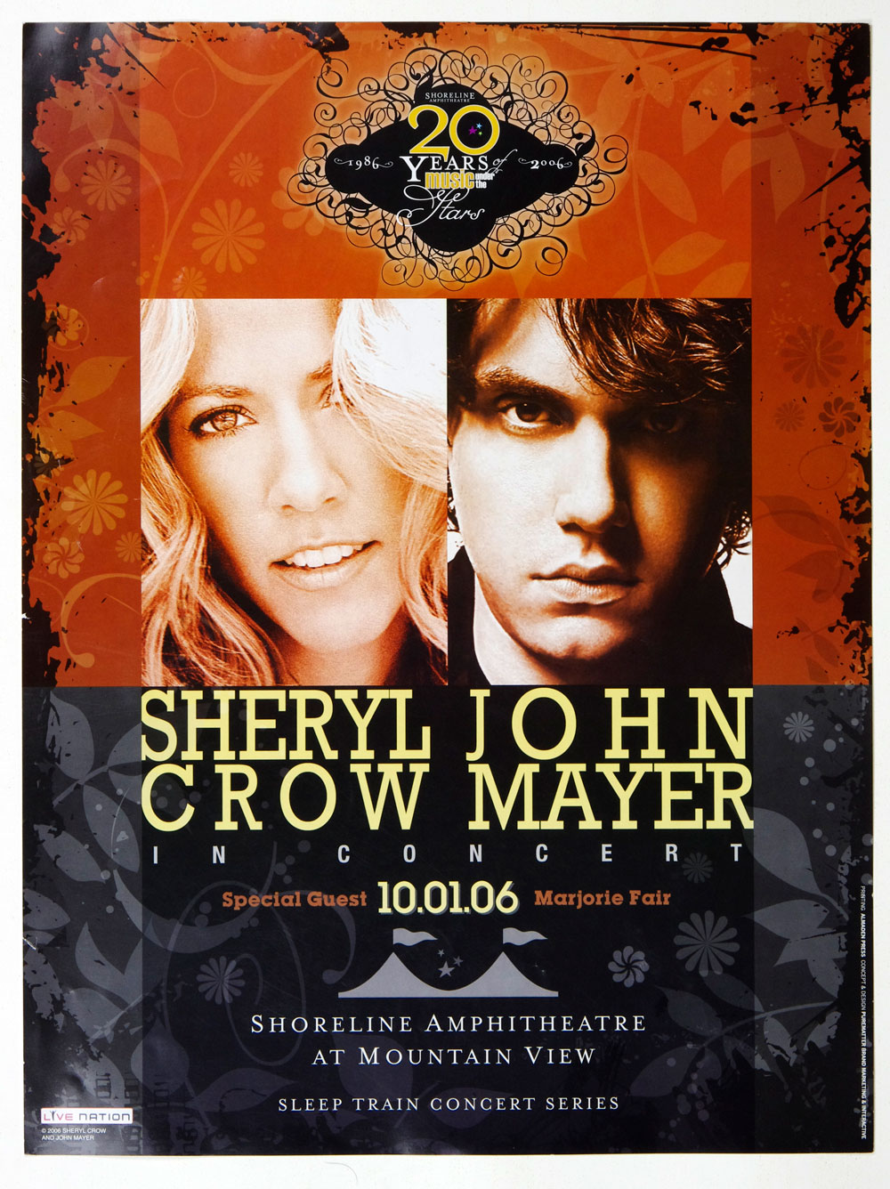 Sheryl Crow John Mayer Poster 2008 Oct 1 Shoreline Amphitheatre 18 x 24