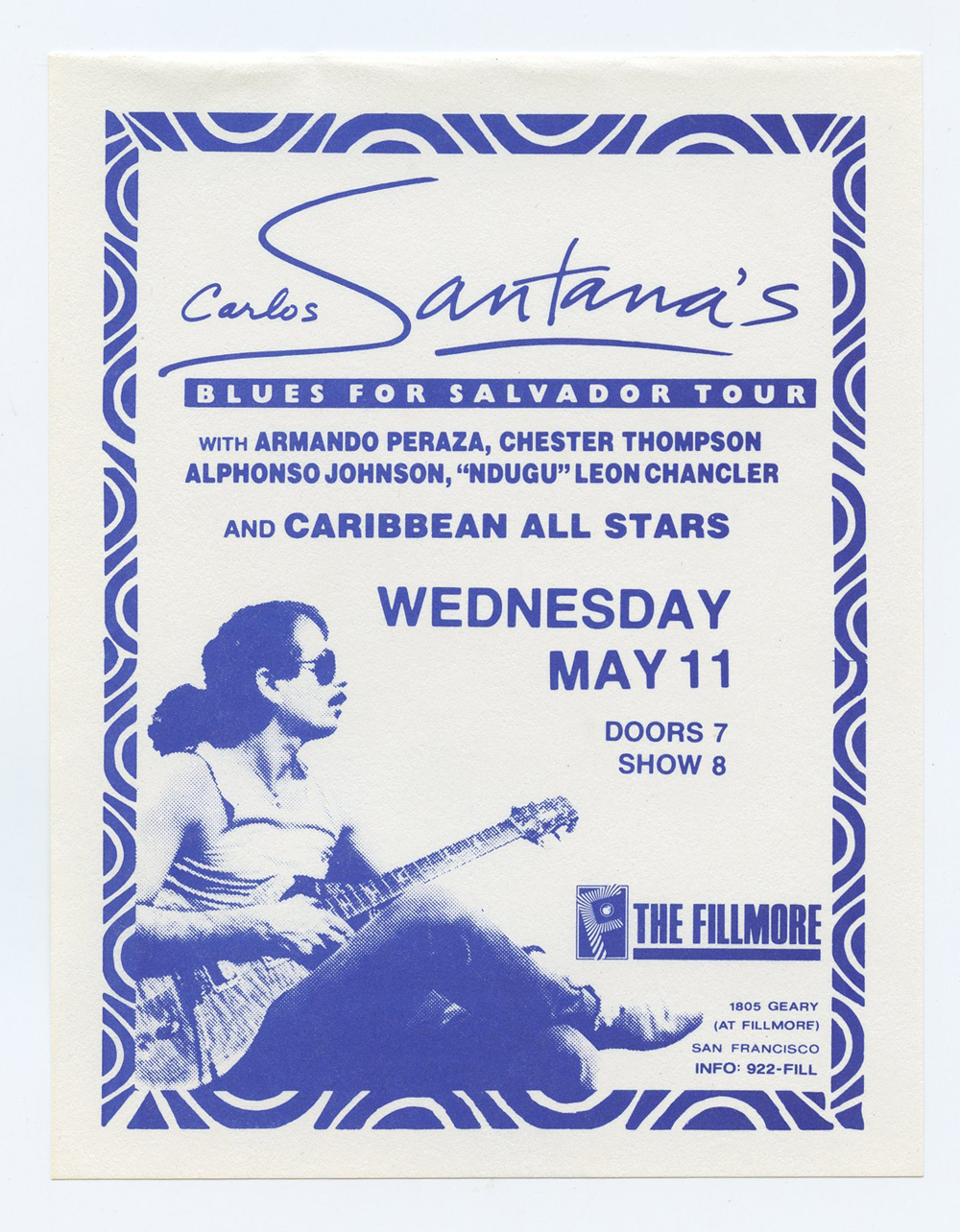 Carlos Santana Handbill 1988 May 11 Blues for Salvador Tour The Fillmore 