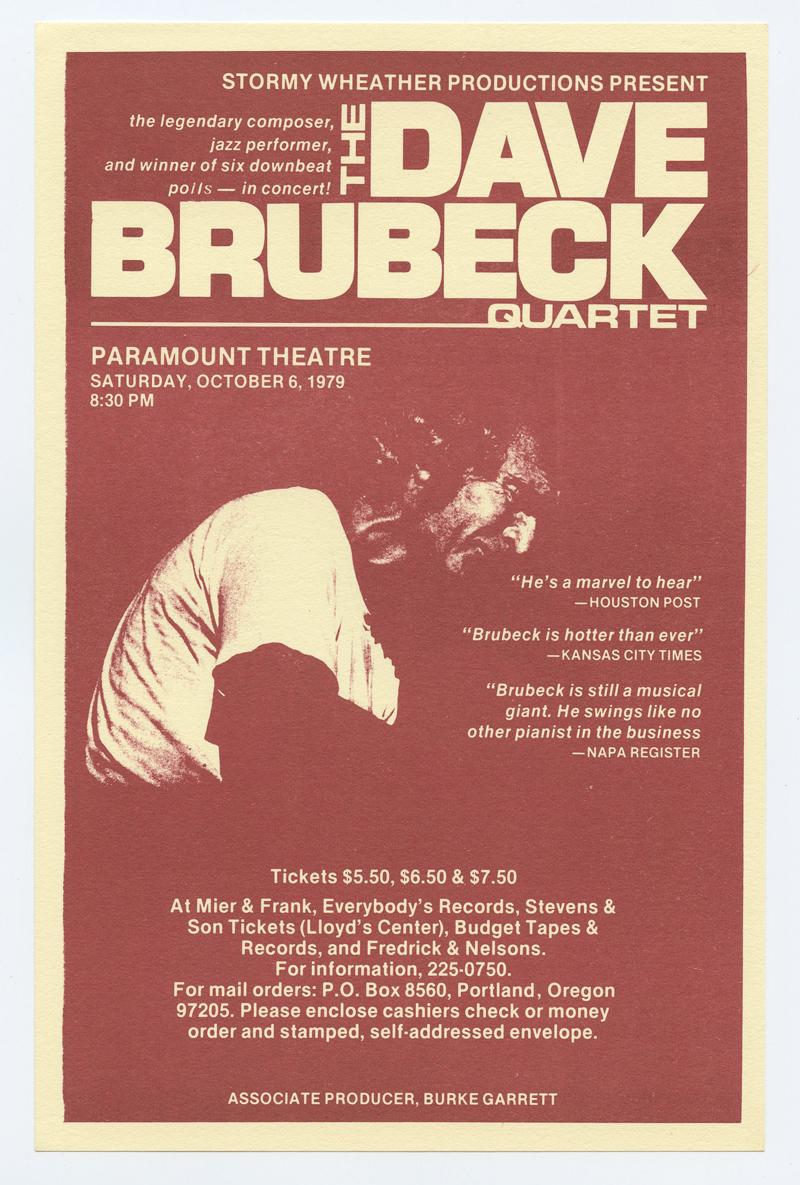 Dave Brubeck Quartet Handbill 1979 Oct 6 Paramount Theater Portland