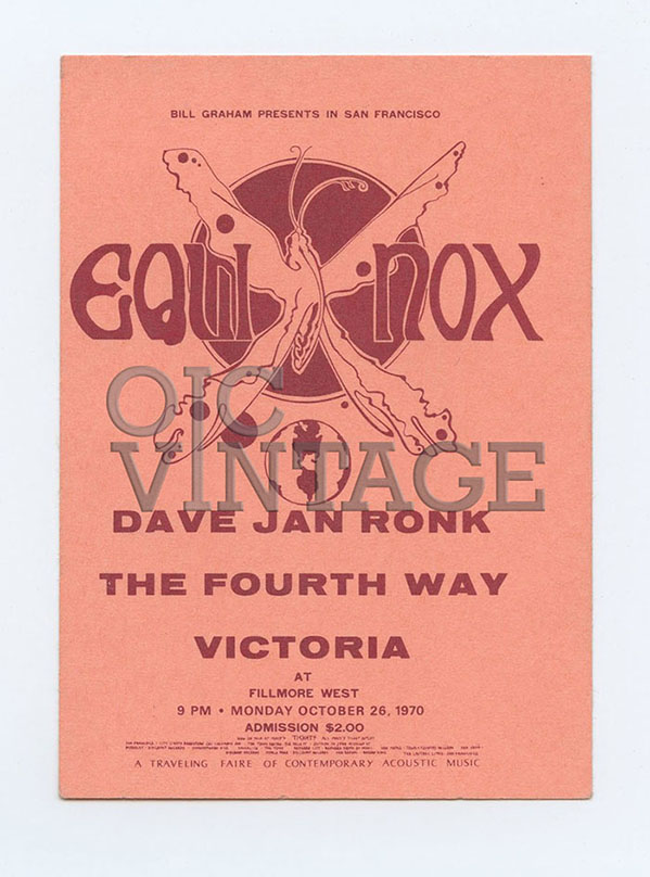 Dave Van Ronk The Fourth Way Victoria Vintage Ticket 1970 Oct 26 Fillmore West Equinox