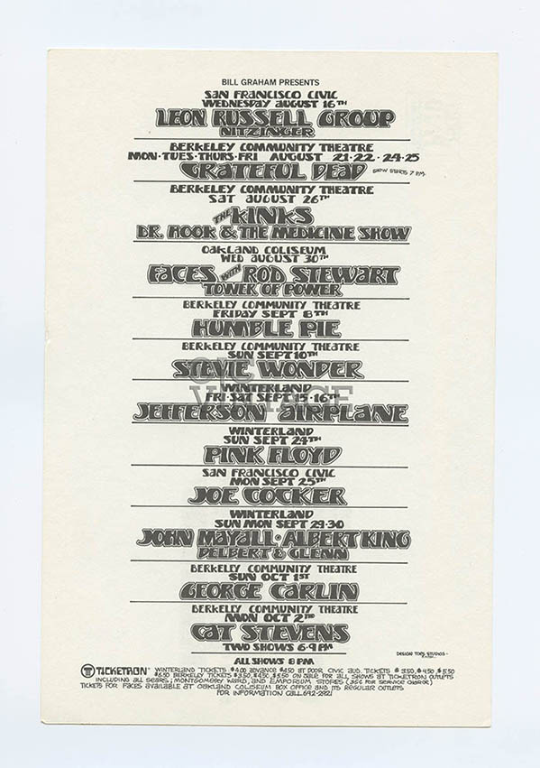 Bill Graham Presents Postcard 1972 Aug Oct Pink Floyd Stevie Wonder Grateful Dead
