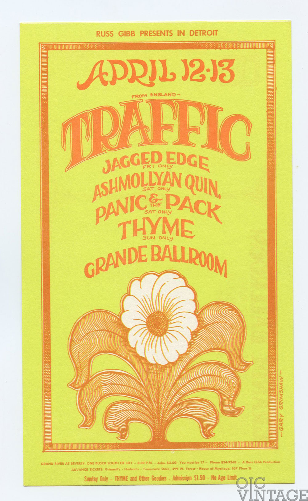 Grande Ballroom Postcard 1968 Apr 12 Traffic Jagged Edge Ashmollyan Quintet