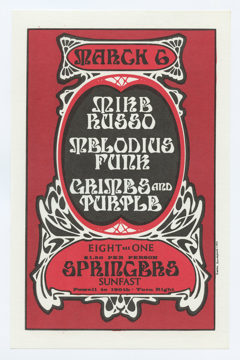 Springers Ballroom Portland Handbill 1971 Mike Russo Melodius Funk Grimes and Purple