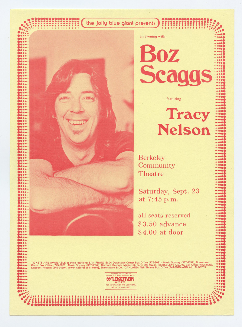 Boz Scaggs Handbill 1972 Sep 23 Berkeley Community Theatre