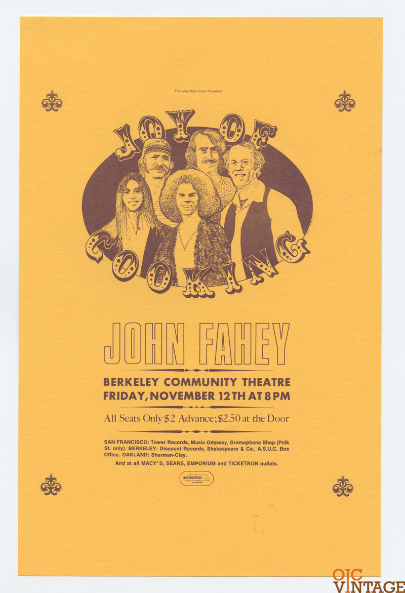 Joy of Cooking John Fahey Handbill 1971 Nov 12 Berkeley