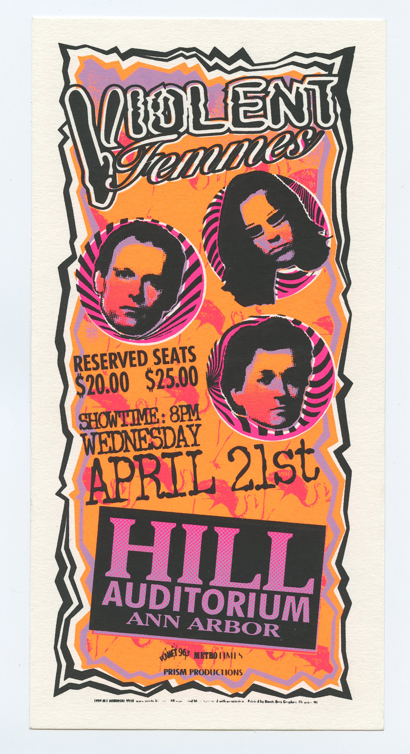 Violent Femmes Handbill 1999 Apr 21 Hill Auditorium Ann Arbor Mark Arminski