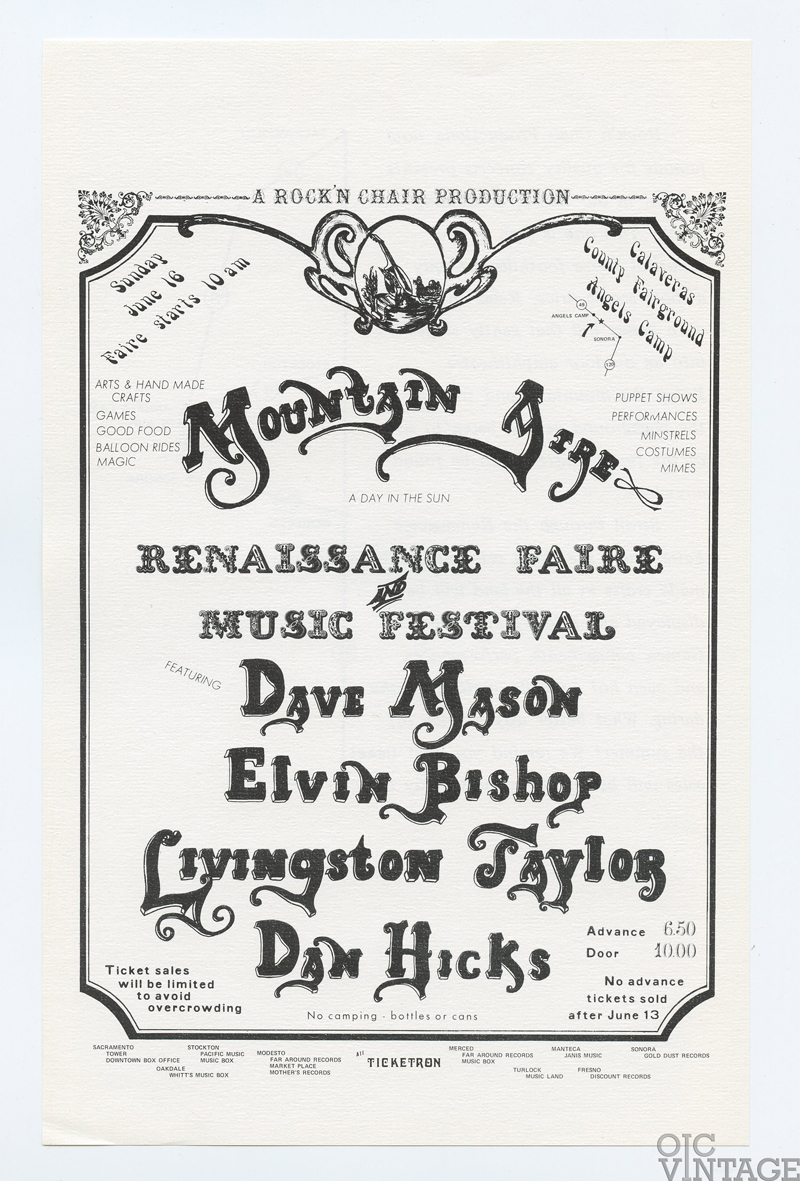 Mountain Aire 1st Festival Handbill 1974 Jun 16 Dave Mason Elvin Bishop