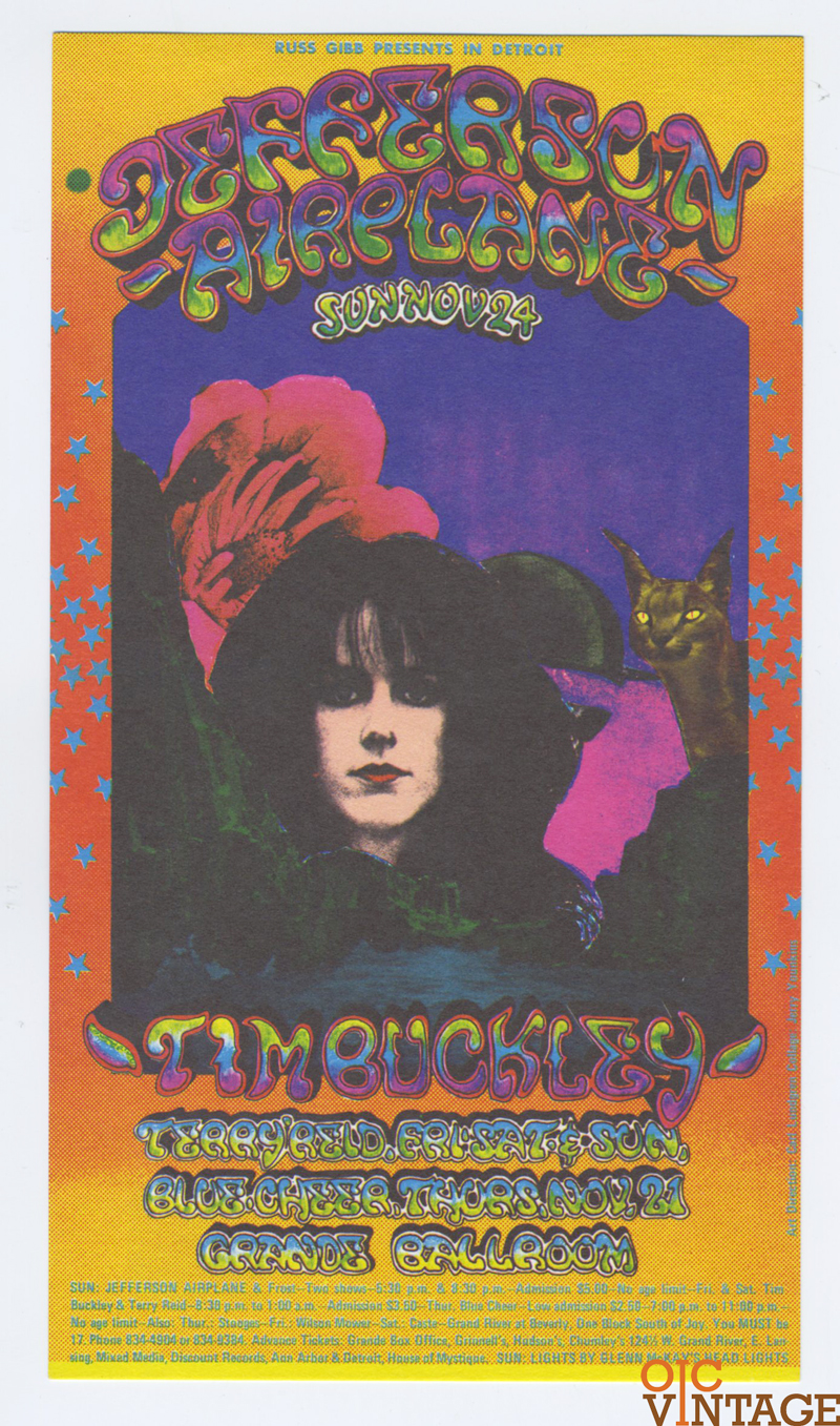 Grande Ballroom Postcard 1968 Nov 24 Jefferson Airplane Tim Buckley AOR 3.158 