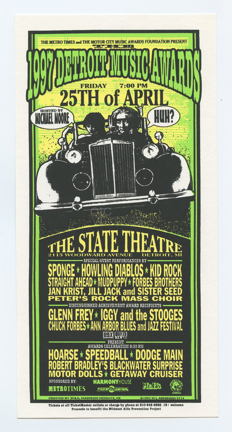 Iggy and the Stooges Handbill w/ Glen Frey Handbill 1997 Detroit Music Awards Mark Arminski