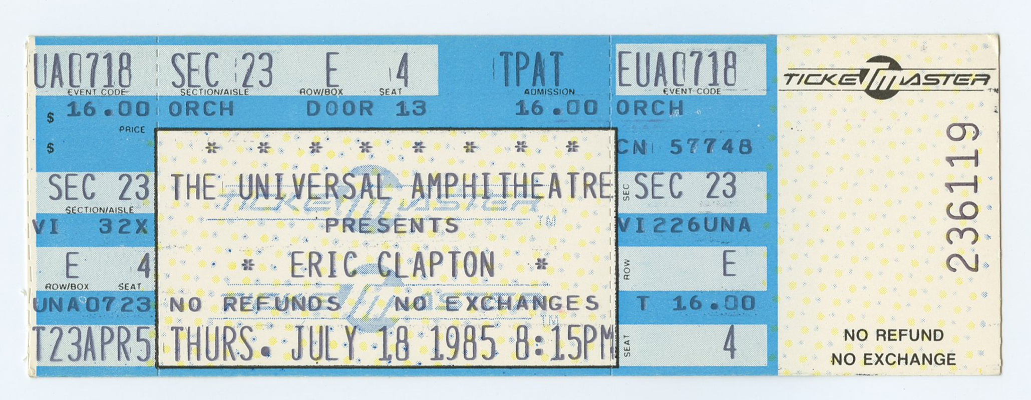 Eric Clapton Vintage Ticket Universal Amphitheater 1985 Jul 18 