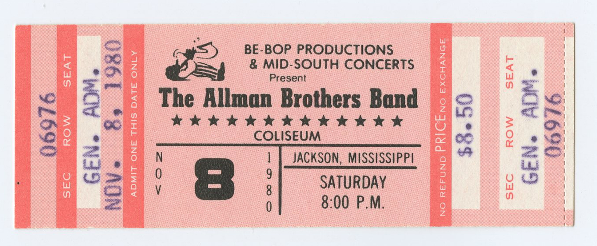 Allman Brothers Band Vintage Ticket 1980 Nov 8 Coliseum Jackson Mississippi 