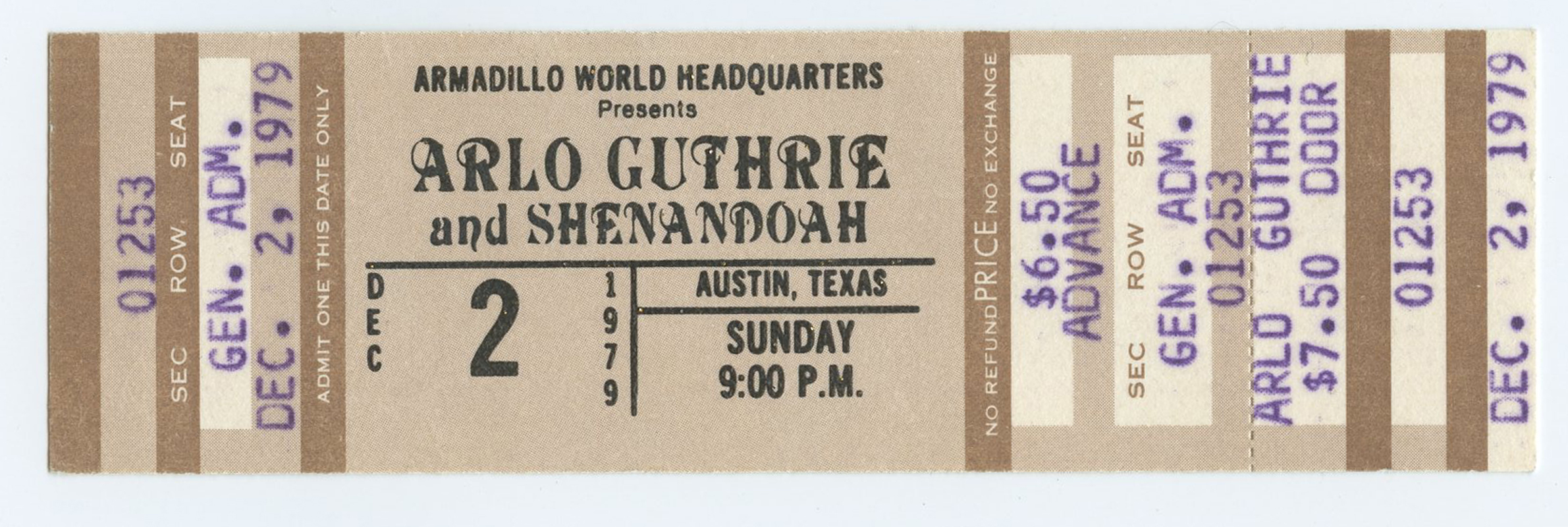 Arlo Guthrie Vintage Ticket 1979 Dec 2 Austin TX 