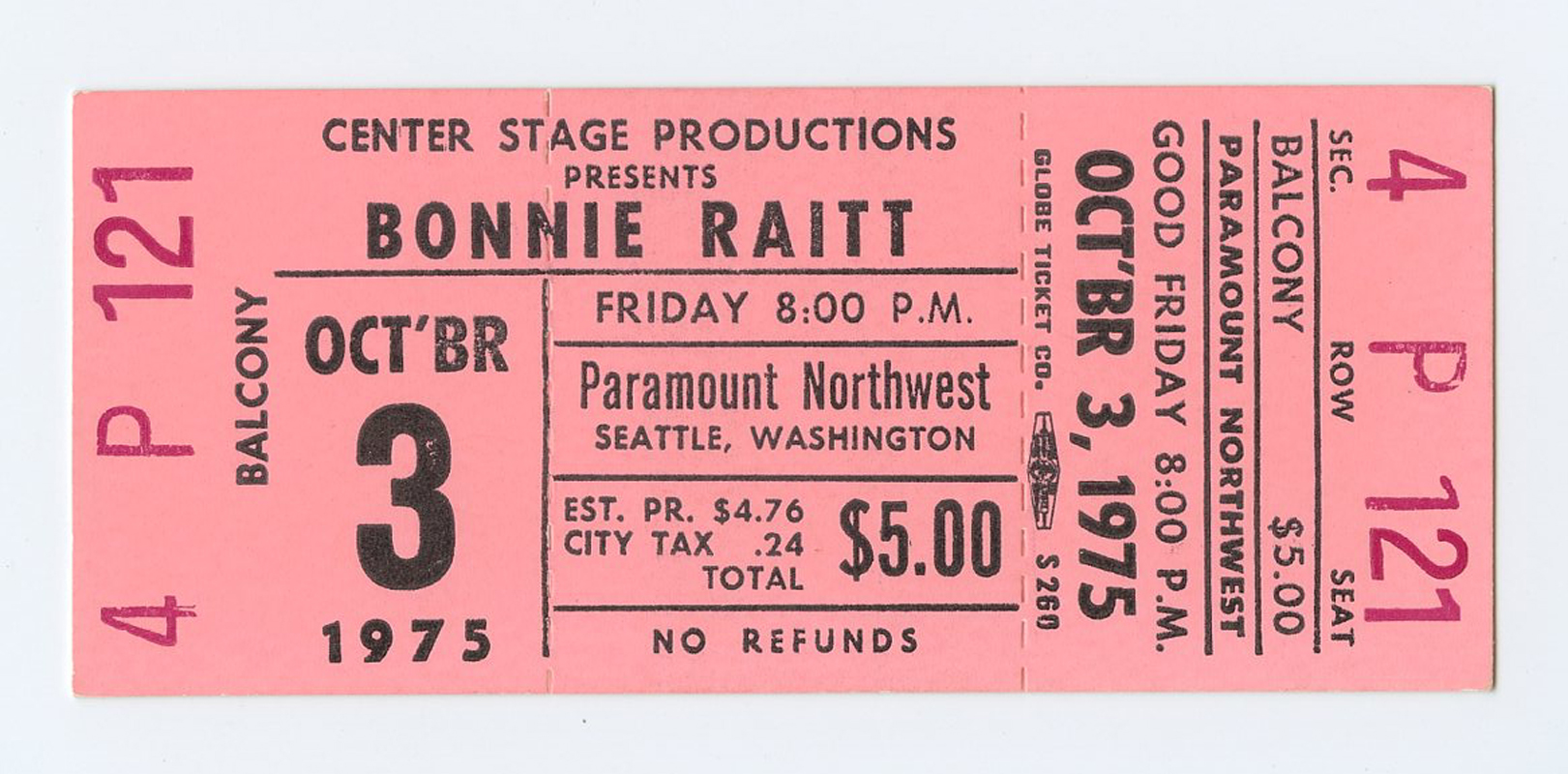 Bonnie Raitt Vintage Ticket 1975 Oct 3 Paramount Northwest Seattle  