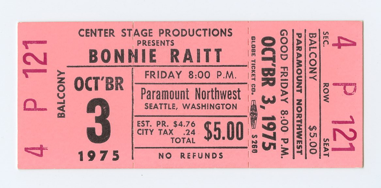Bonnie Raitt Ticket Vintage 1975 Oct 3 Paramount Northwest Seattle  