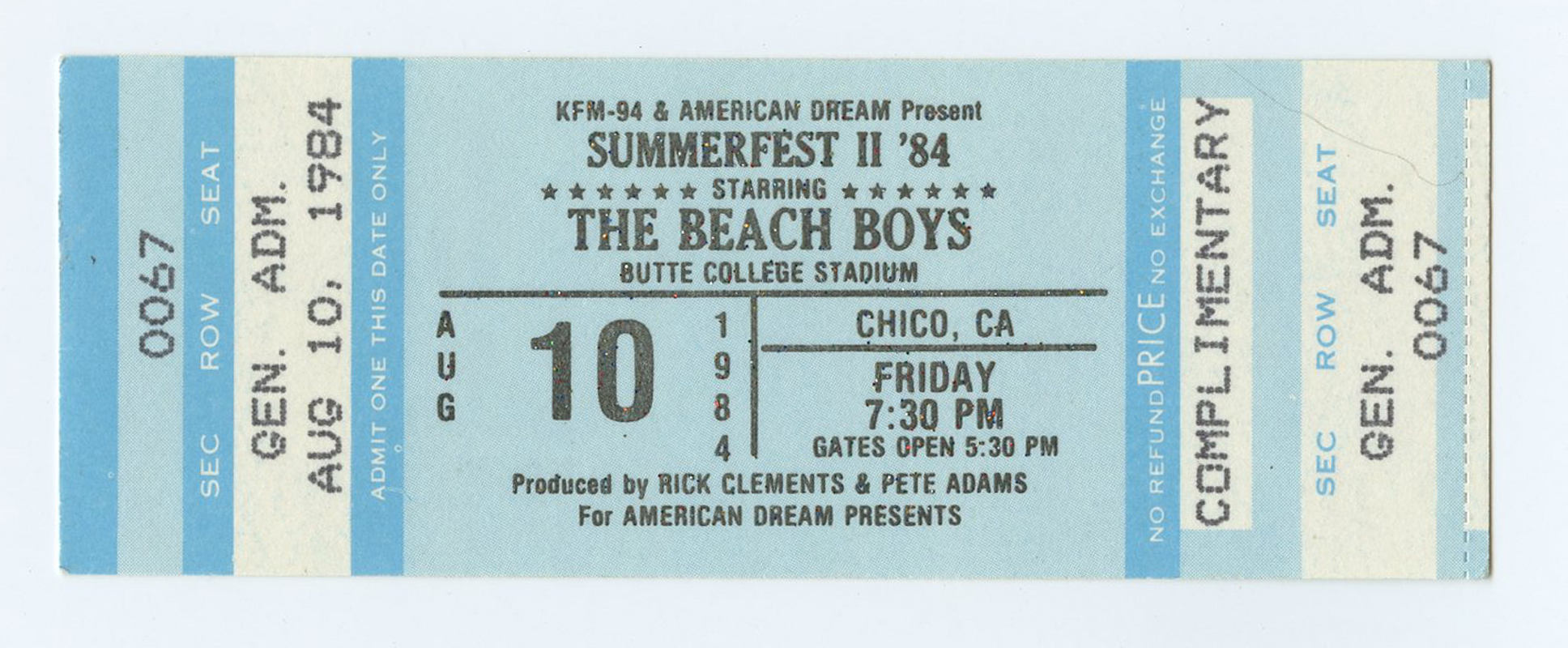 The Beach Boys Vintage Ticket 1984 Aug 10 Butte College Stadium  