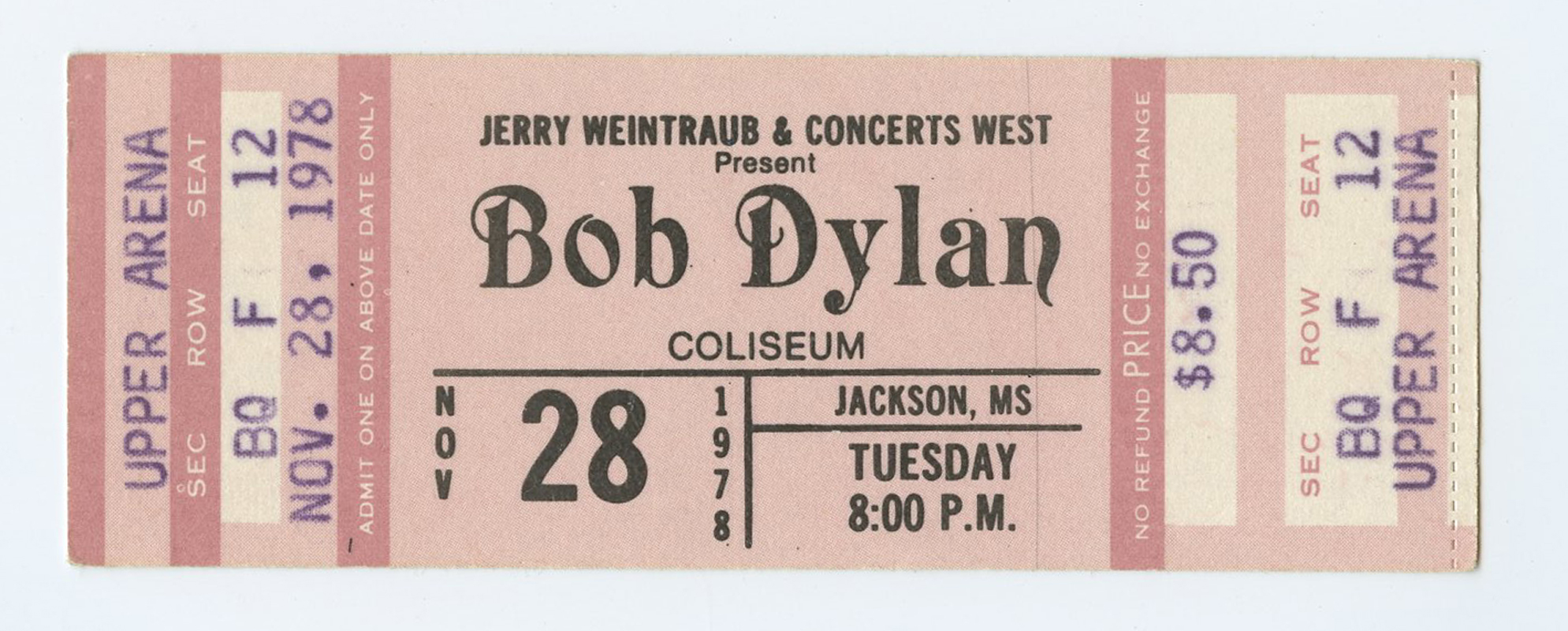 Bob Dylan Vintage Ticket 1978 Nov 28 Coliseum Jackson MS  