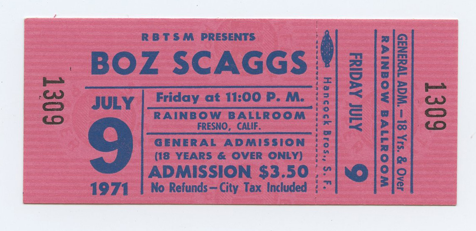 Boz Scaggs Vintage Ticket 1971 Jul 9 Rainbow Ballroom Fresno CA 