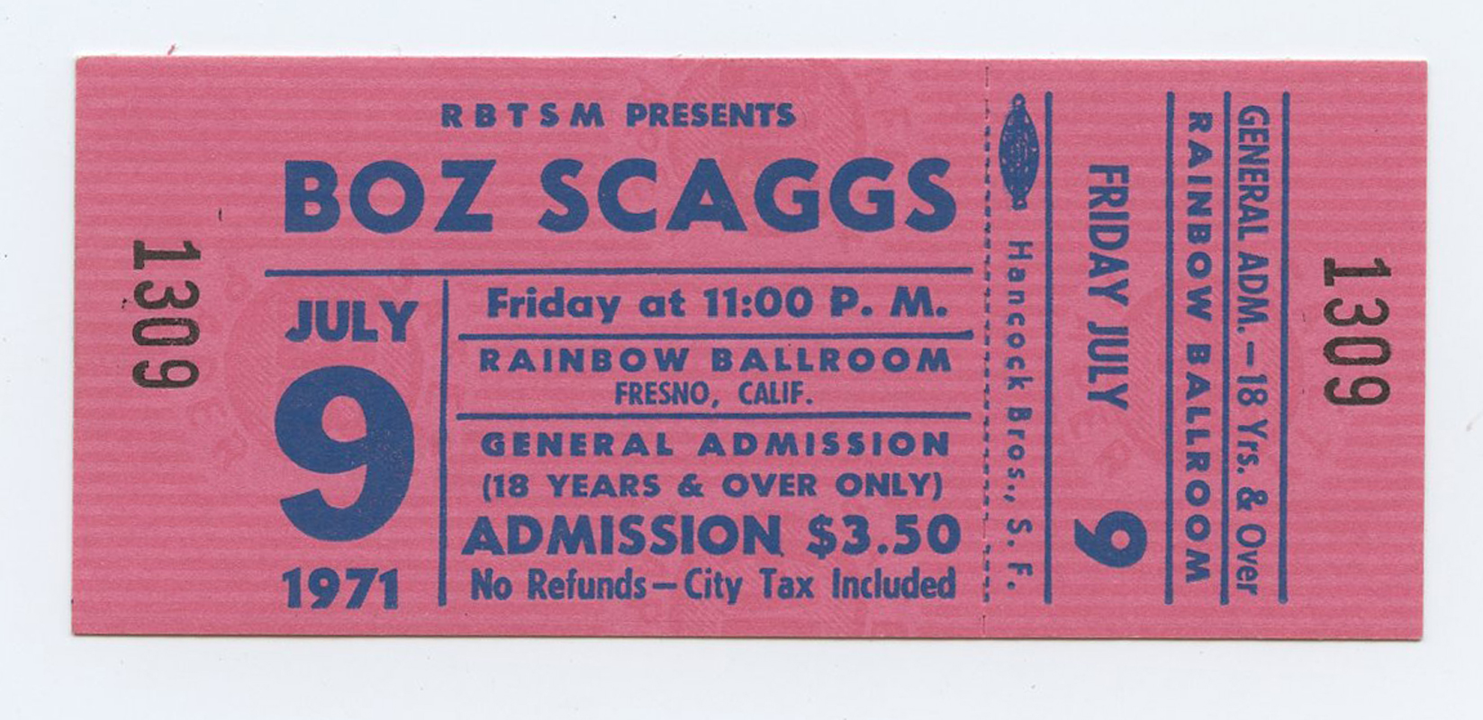 Boz Scaggs Ticket Vintage 1971 Jul 9 Rainbow Ballroom Fresno CA 