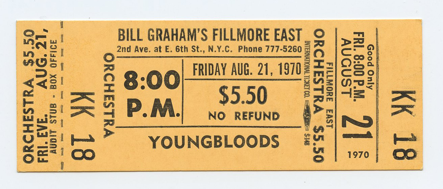 Bill Graham Fillmore East Vintage Ticket 1970 Aug 21 The Youngbloods