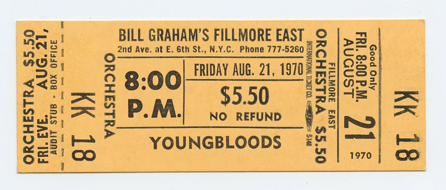 Youngbloods Ticket Vintage 1970 Bill Graham Fillmore East New York