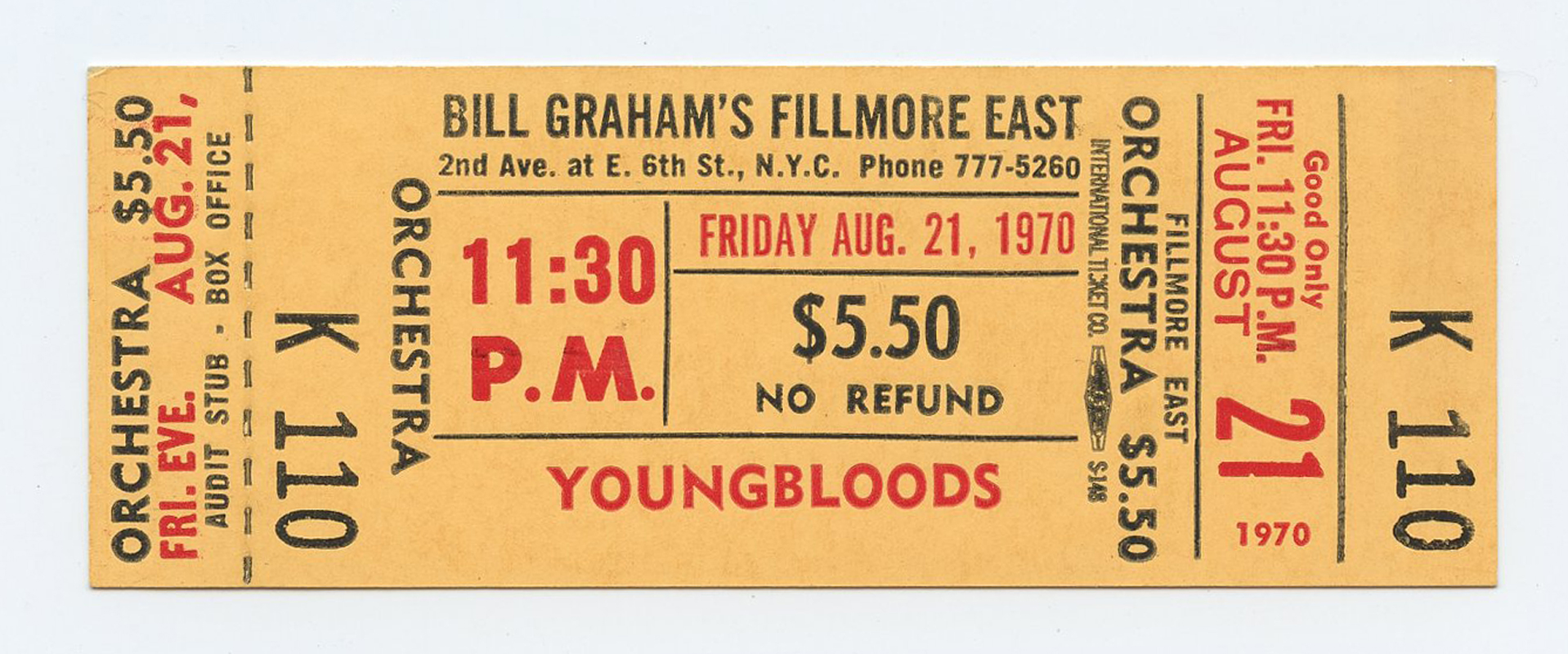 Bill Graham Fillmore East Vintage Ticket 1970 Aug 21 The Youngbloods