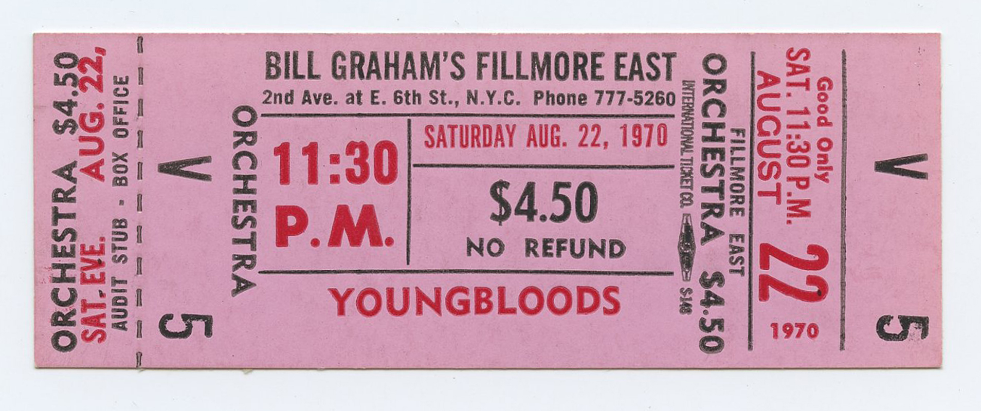 Bill Graham Fillmore East Vintage Ticket 1970 Aug 22 The Youngbloods 