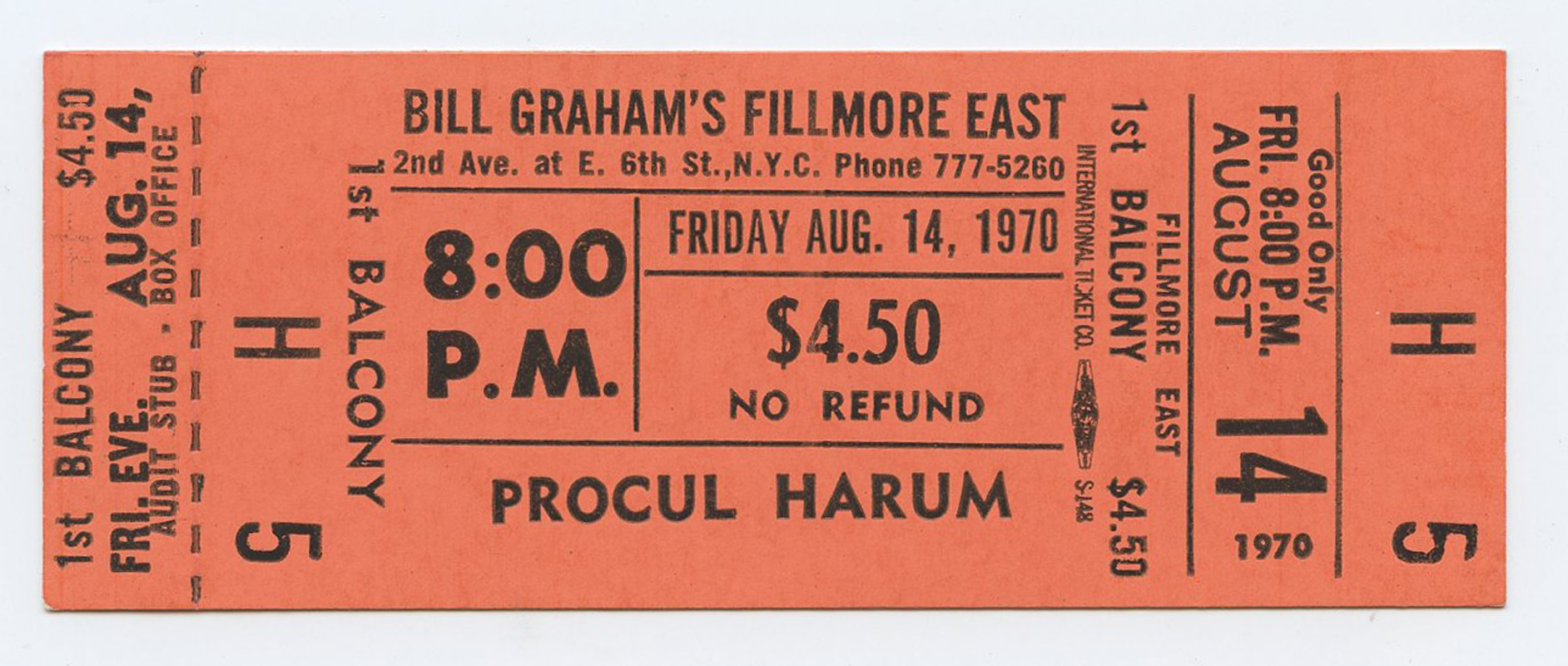 Bill Graham Fillmore East Vintage Ticket 1970 Aug 14 Procol Harum