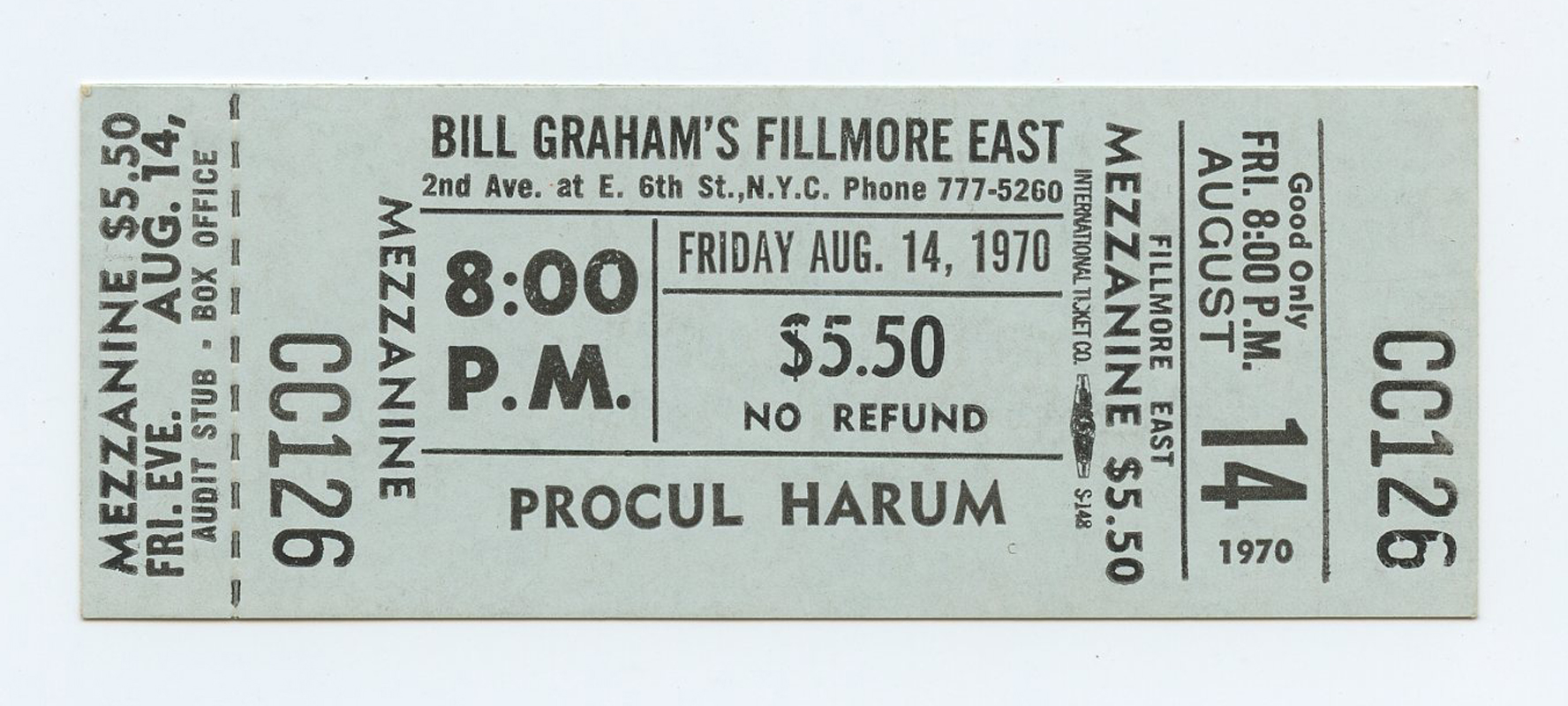 Bill Graham Fillmore East Vintage Ticket 1970 Aug 14 Procol Harum