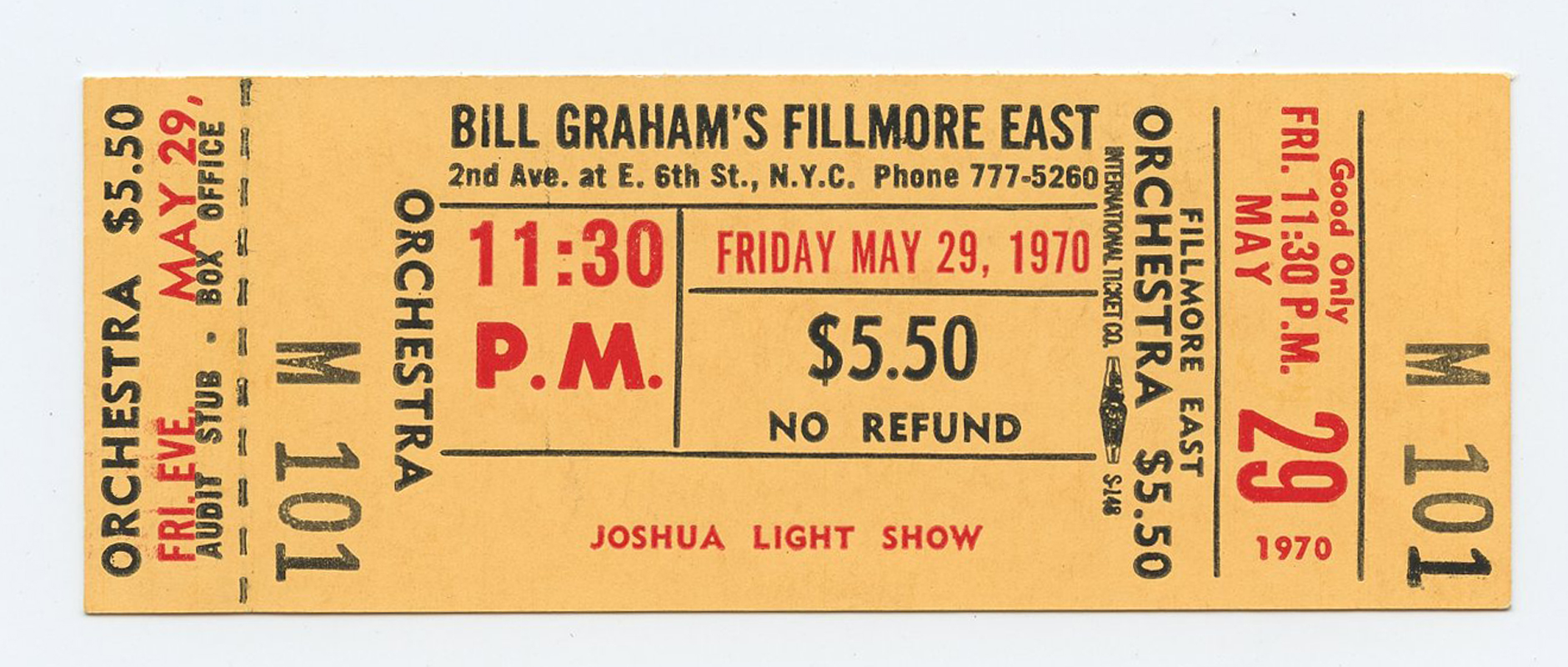 Bill Graham Fillmore East Vintage Ticket JOSHUA LIGHT SHOW 1970 May 29 