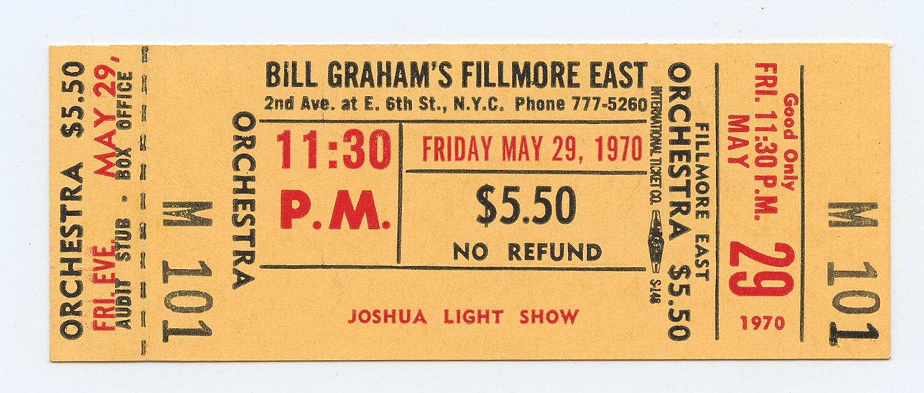 Bill Graham Fillmore East Ticket Vintage JOSHUA LIGHT SHOW 1970 May 29 