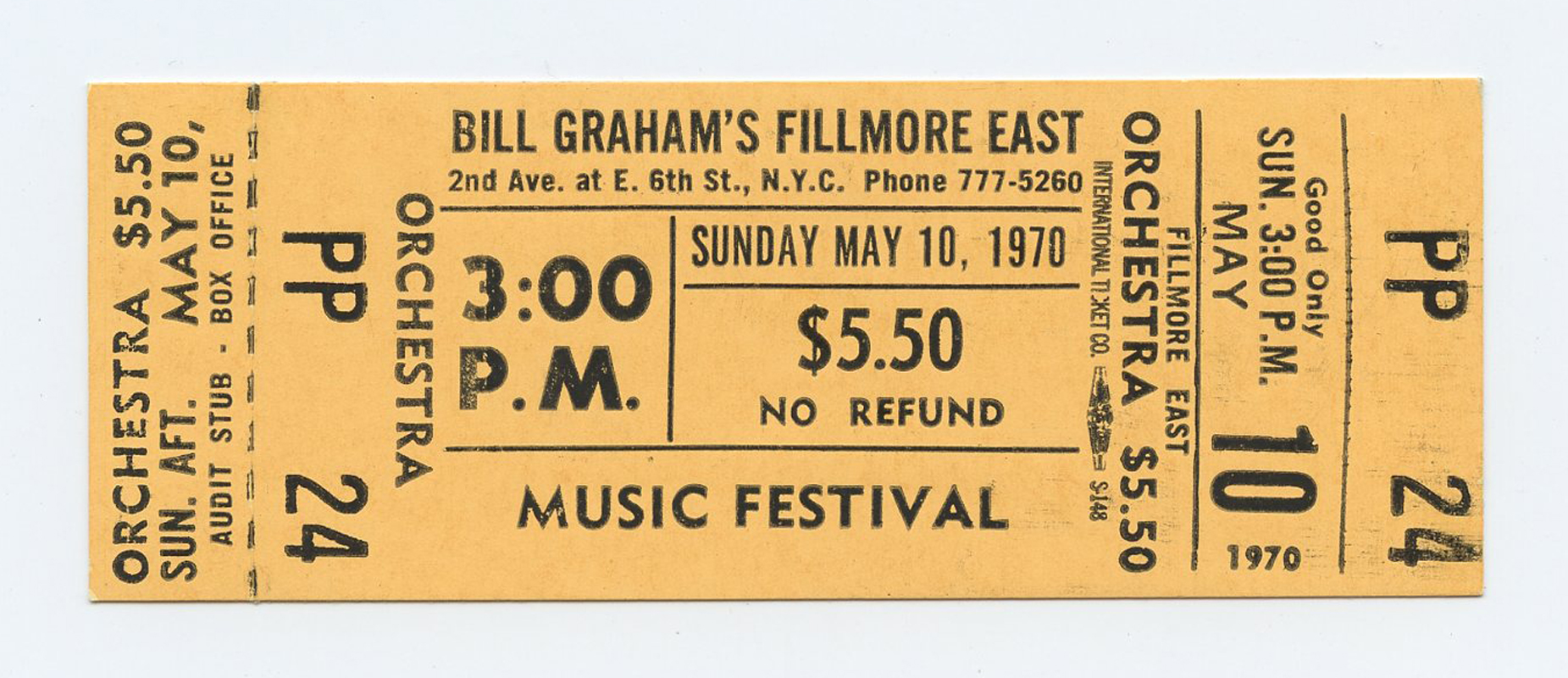 Bill Graham Fillmore East Vintage Ticket MUSIC FESTIVAL 1970 May 10 