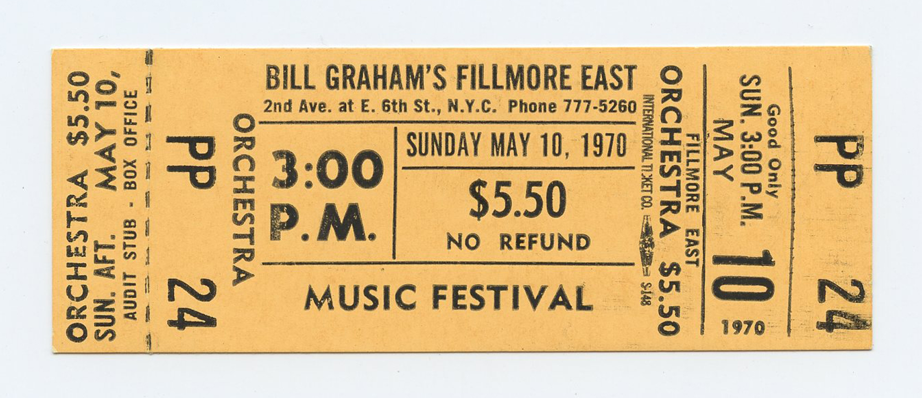 Bill Graham Fillmore East New Rok MUSIC FESTIVAL Ticket Vintage 1970 May 10 