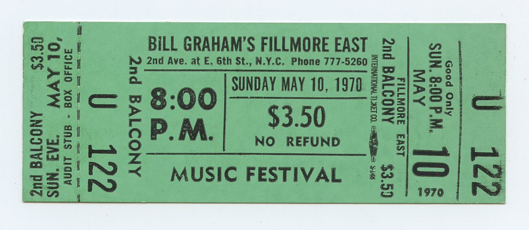 Bill Graham Fillmore East Vintage Ticket MUSIC FESTIVAL 1970 May 10