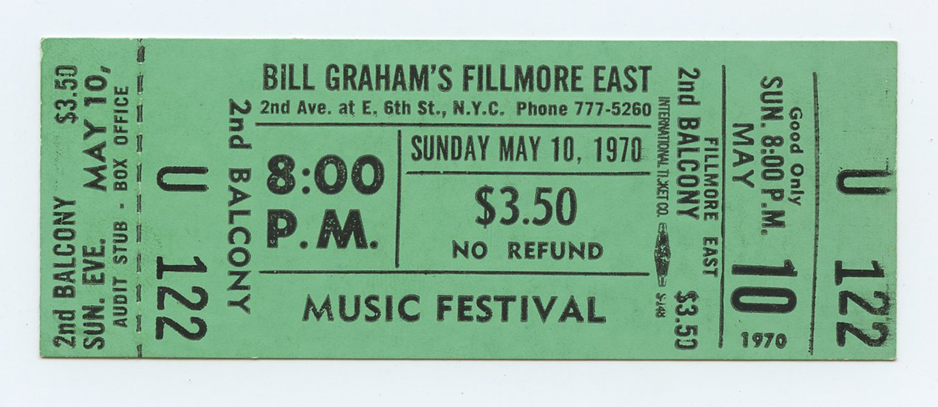 Bill Graham Fillmore East Vintage Ticket MUSIC FESTIVAL 1970 May 10
