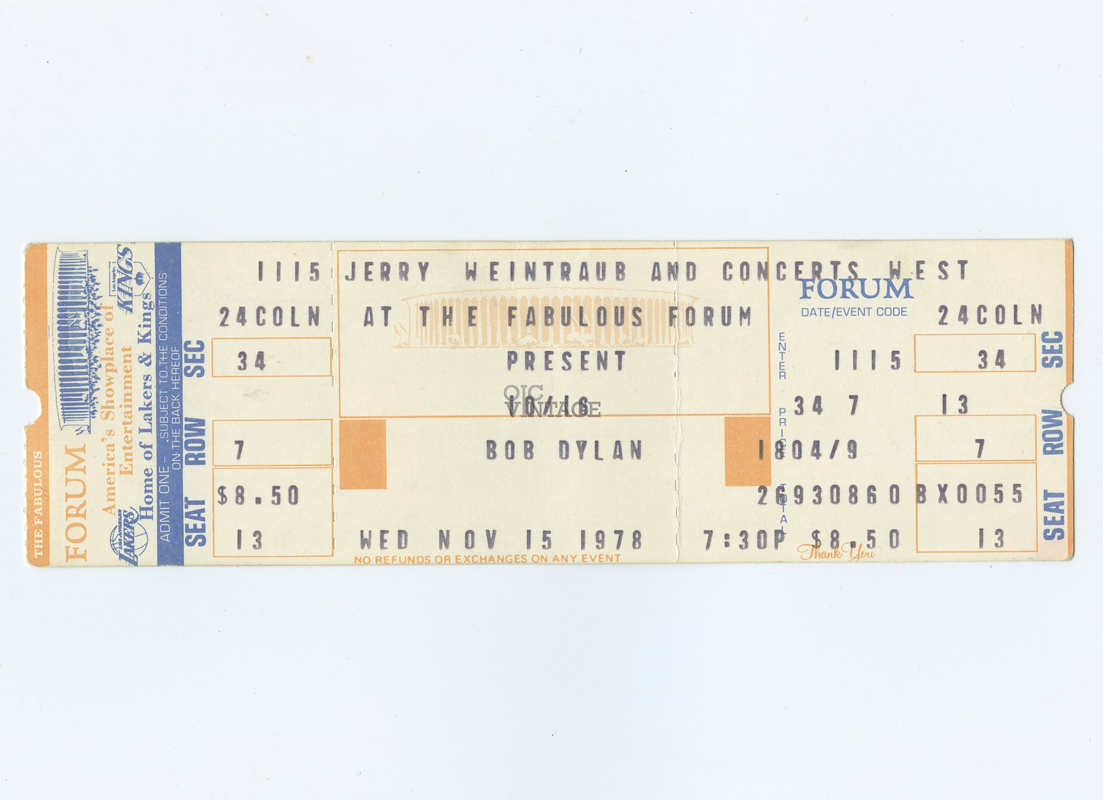 Bob Dylan Vintage Ticket  1978 Nov 15 Fabulous Forum 