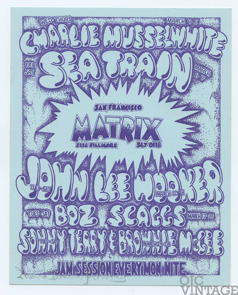 John Lee Hooker Handbill w/ Charlie Musselwhite 1970 Matrix Mark T. Behrens signed
