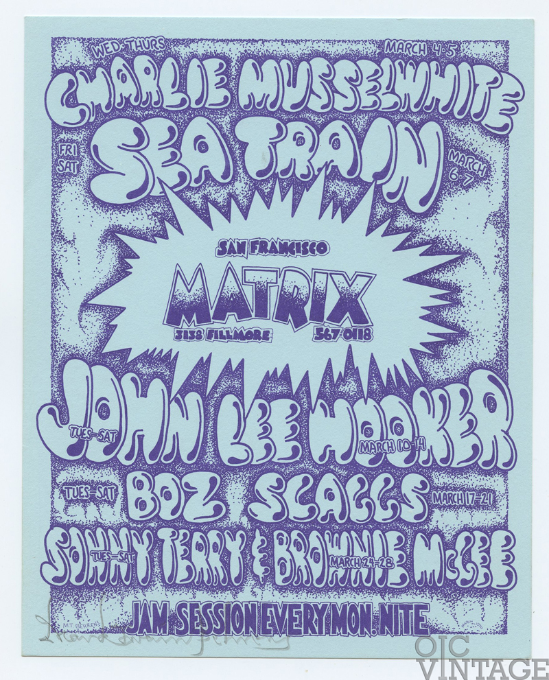 Matrix Handbill 1970 Boz Scaggs John Lee Hooker Charlie Musselwhite Mark T. Behrens signed