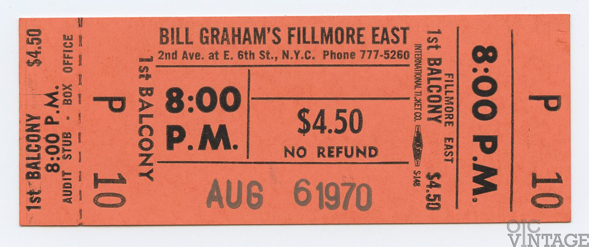 Bill Graham Fillmore East Vintage Ticket 1970 Aug 6 cancelled Concert Unsued