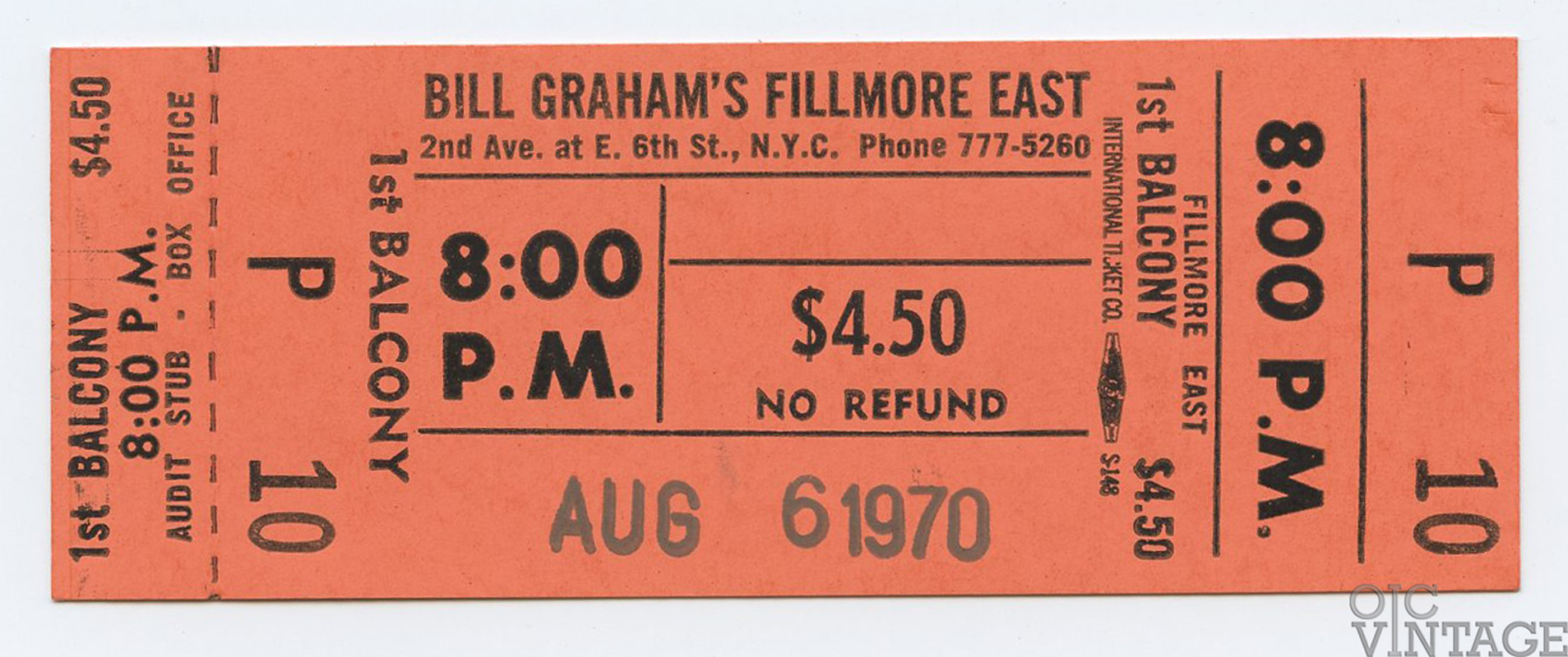 Jethro Tull Ticket Vintage 1970 Bill Graham Fillmore East New York Cancelled Concert