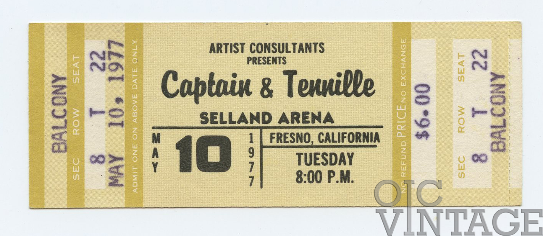 Captain and Tennille Vintage Ticket 1977 May 10 Fresno 