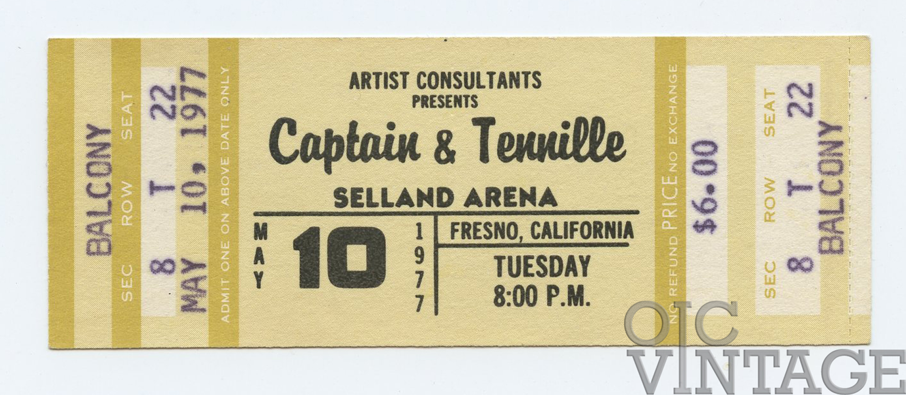 Captain and Tennille Ticket Vintage 1977 May 10 Fresno 