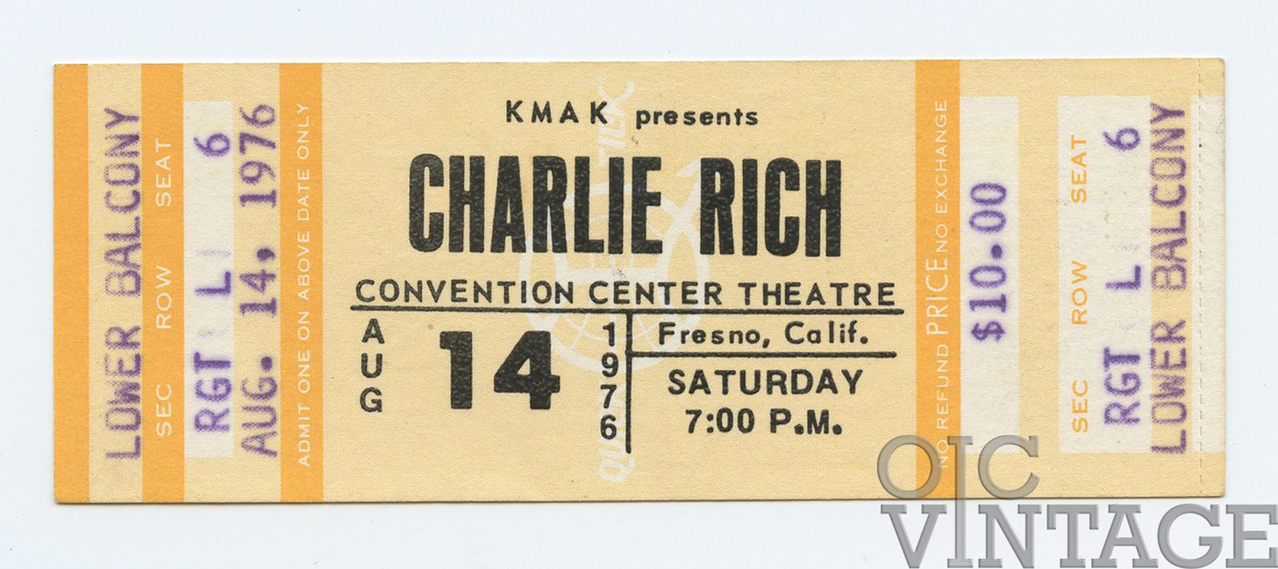 Charlie Rich Vintage Ticket 1976 Aug 14 Fresno 