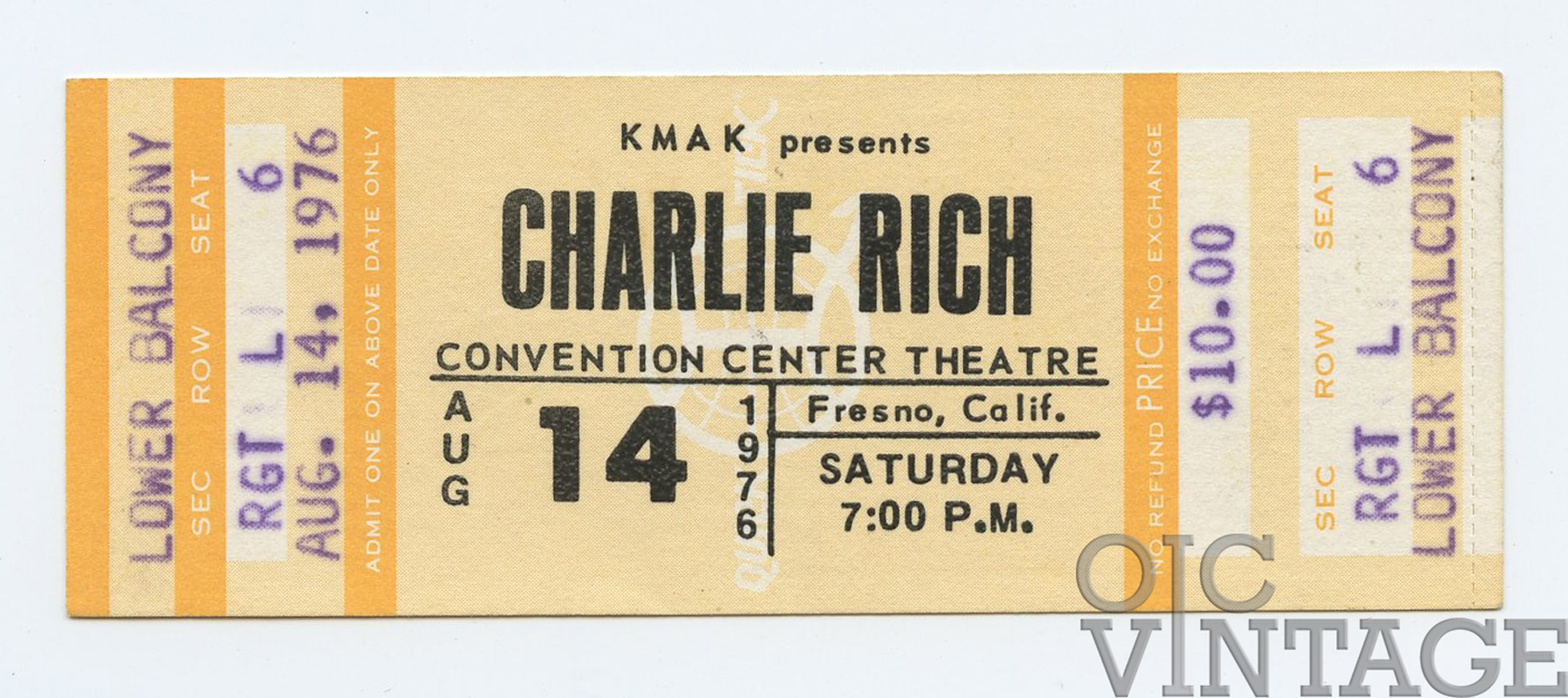 Charlie Rich Ticket Vintage 1976 Aug 14 Fresno 